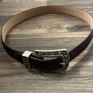 BRIGHTON Dark Brown Leather Faux Alligator Belt with Ornate Silver Tone Buckle